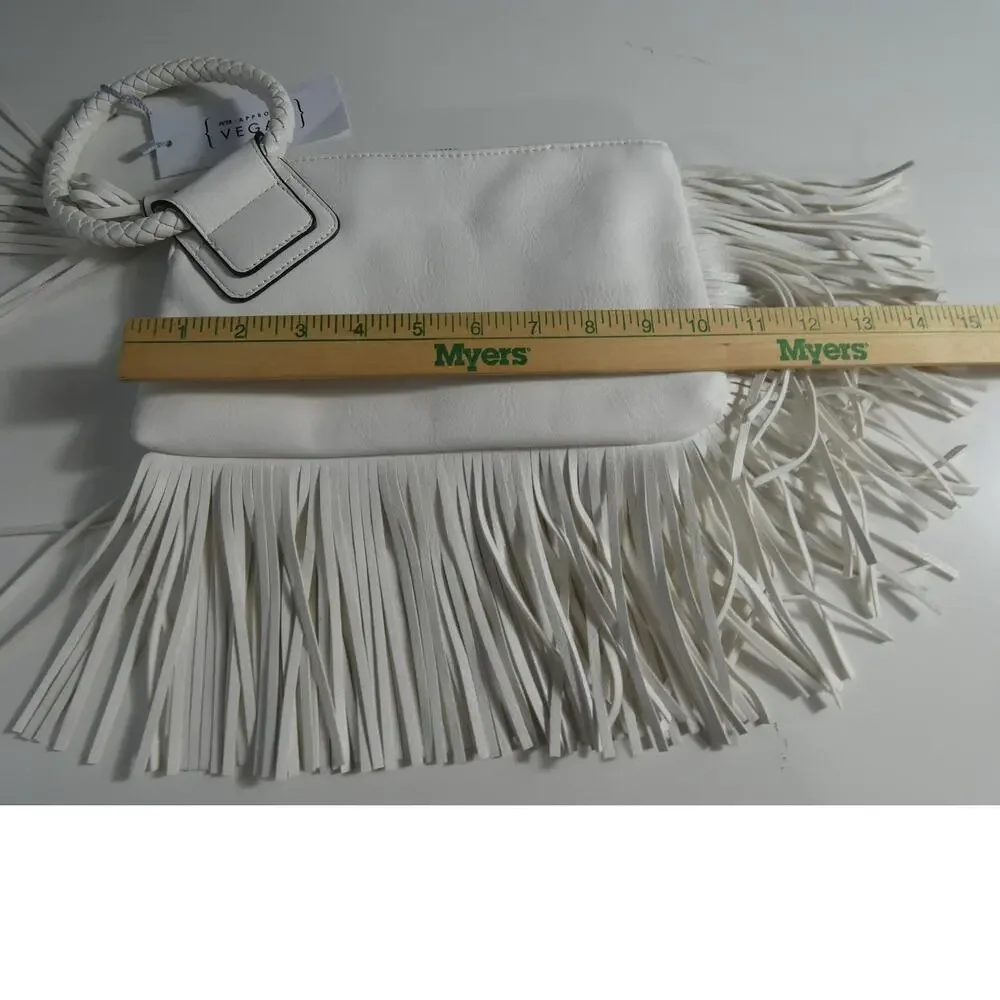 Calin Collection White Vegan Faux Leather Fringed Wristlet/Handbag Zipper NWT